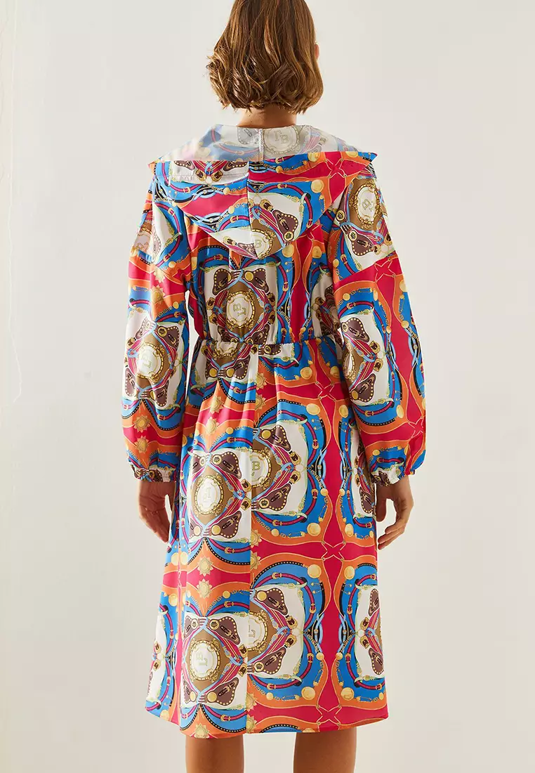 Women's Elastic Waist Chain Patterned Hooded Dress 21805 60251727