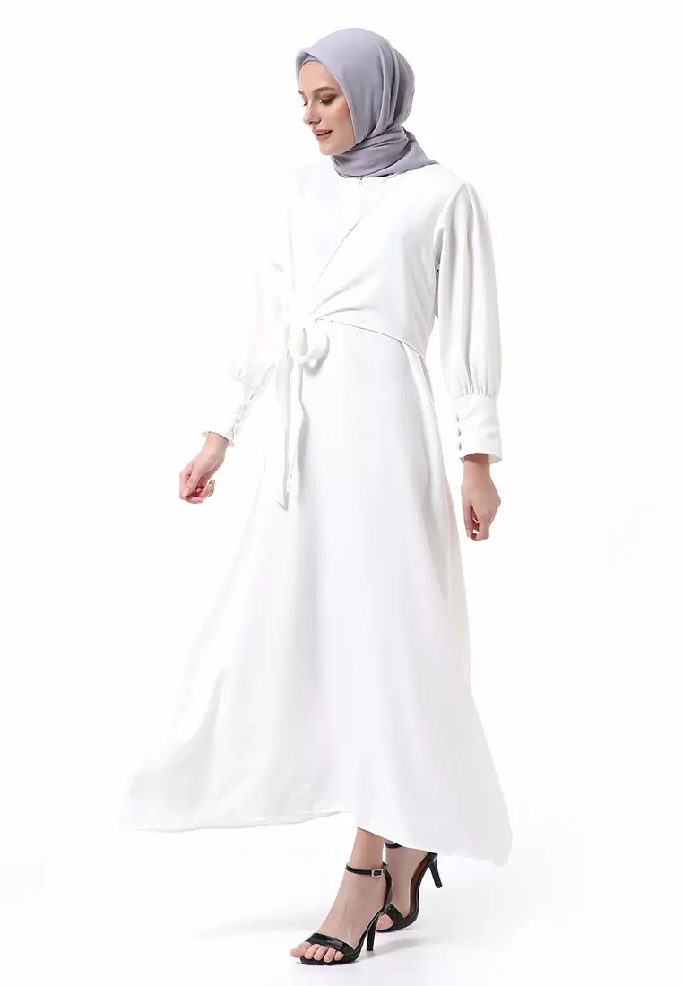 Alliyah Dress Gamis Muslimah Long Sleeve Model Balon Regular Fit Premium High Quality - Putih