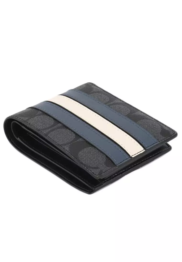 Coach Mens 3 In 1 Wallet In Signature Canvas With Varsity Stripe - Charcoal/Denim/Chalk