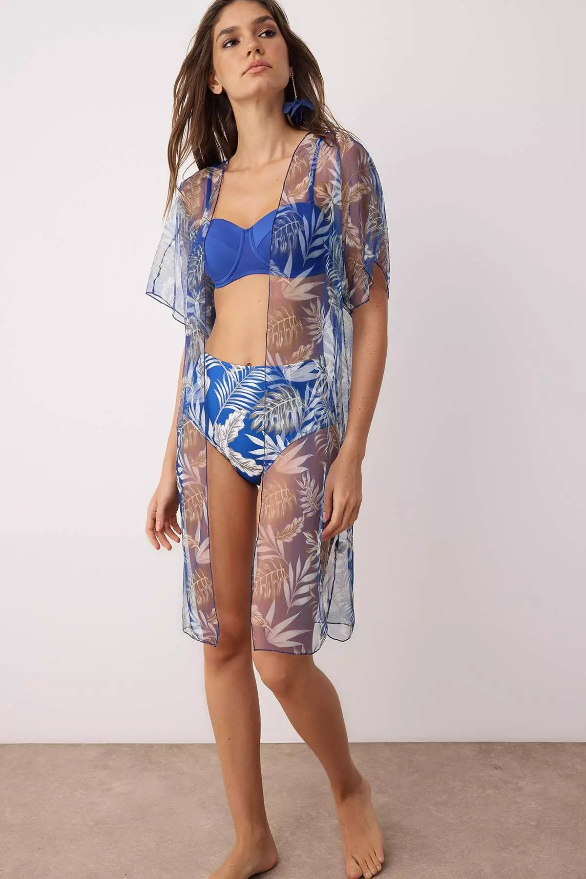 Saks Tropical Pattern Bikini Set & Kimono 3 Piece Beach Wear Set