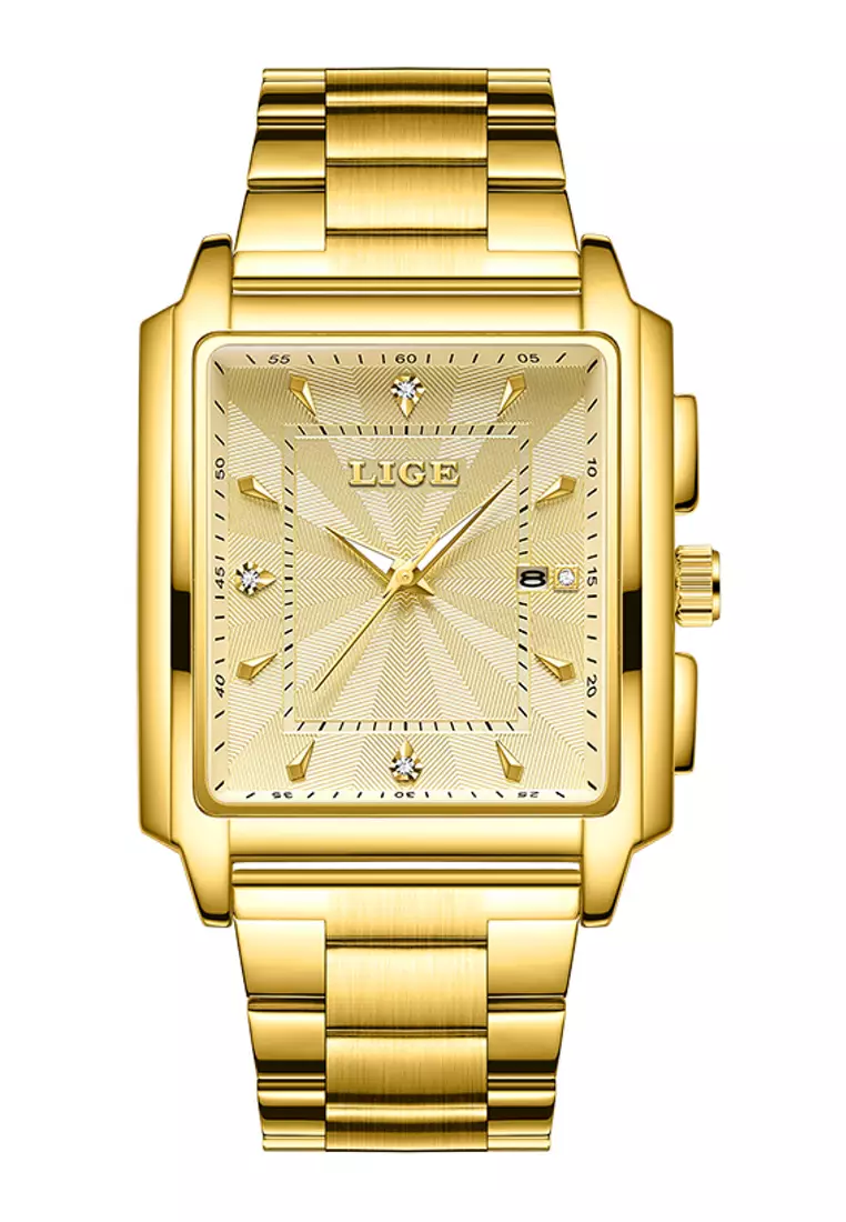 LIGE Unisex IP Gold Stainless Steel Quartz Watch Gold dial IP Gold Steel Bracelet