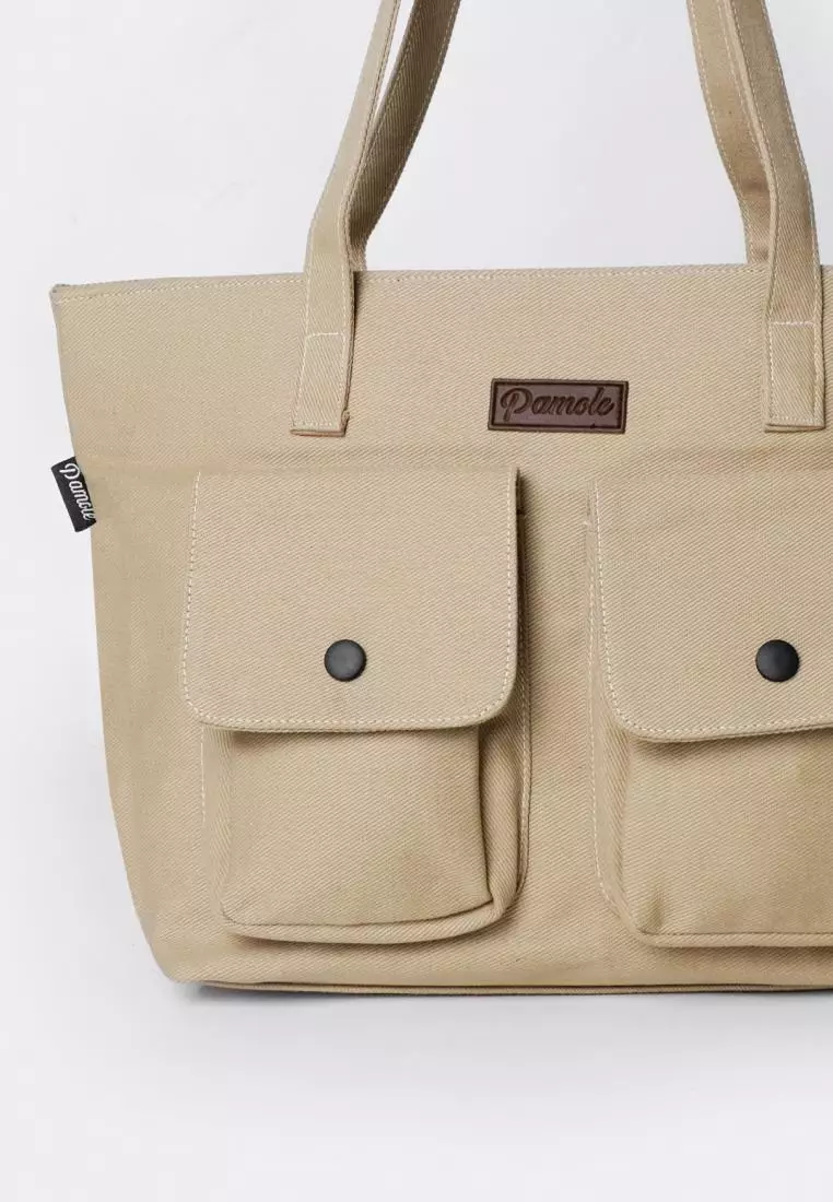 Pamole - Totebag Wanita Tote Bag Wanita Bahan Kanvas - Emely Series - Khaki