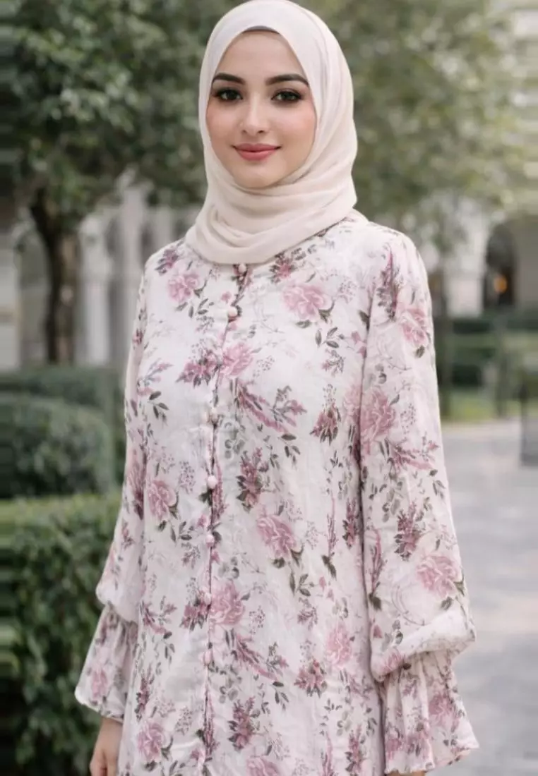 Tunik Muslimah Motif Bunga Bahan Chiffon Premium Lengan Ruffle + Rok Panjang Polos Terpisah – Outfit Wanita Anggun & Modis By Brilliant Girl Warna PUTIH