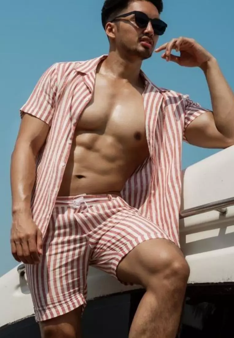 Splitz Celana Pendek Linen Pria Merah Stripe | Linen Short Pants Men Striped Red
