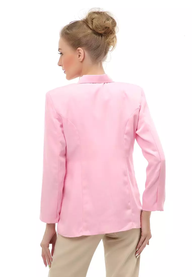 Qemsya Outer Blazer Kasual Formal Wanita Lengan Panjang Material Wool Twist ORIGINAL - Pink