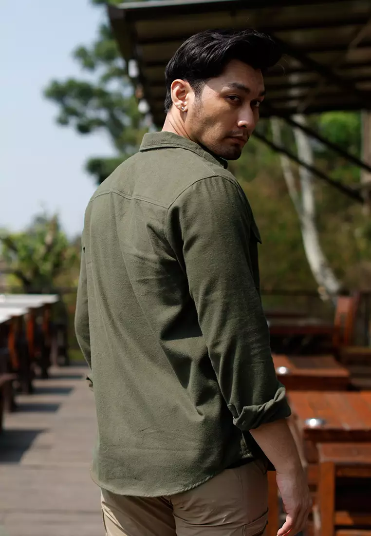 OXCON Utility Double Pocket Authentic Kemeja Flannel Shirt Monotone Green Army