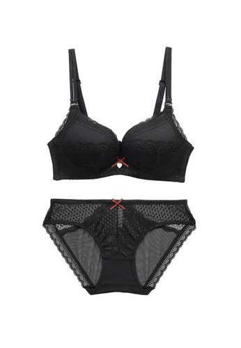 ZITIQUE black Aesthetic Lace Trim Seamless Non-wired Bra Set - Black 74564US9BD5A20GS_1