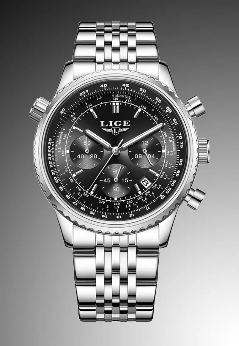 Unisex Chronograph Stainless Steel Quartz Watch, 44mm, Stainless Steel Bracelet