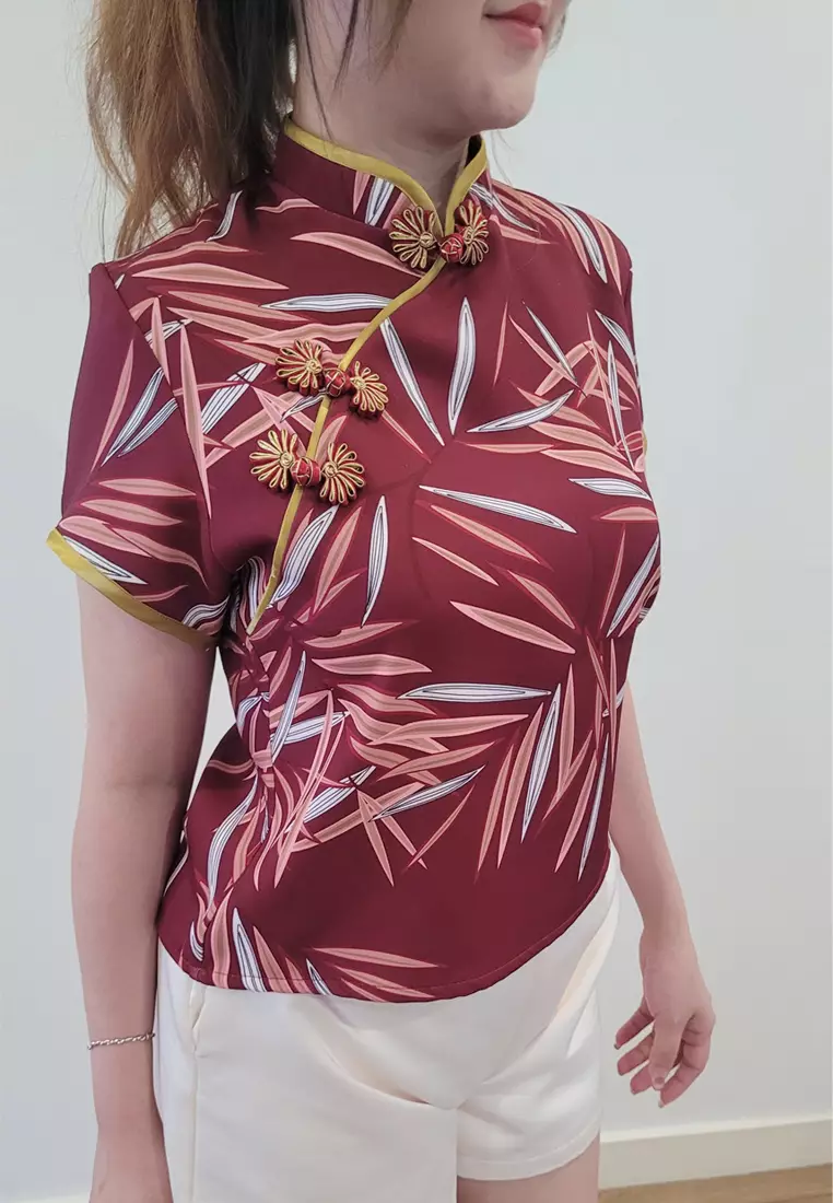 Ivory Cheongsam Cap Sleeves Top Red Leaf Printed