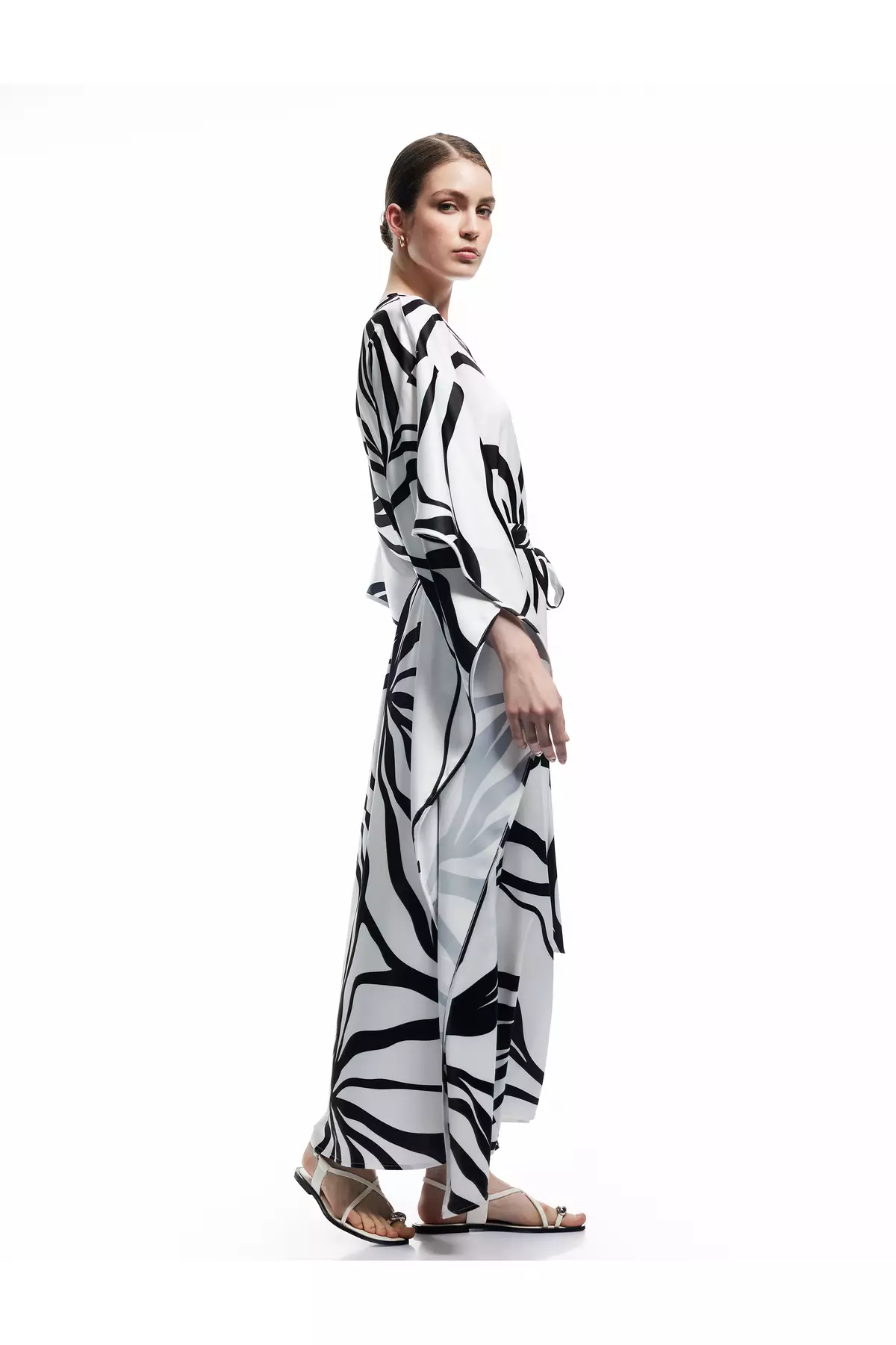 Sash Detail Flowy Half Bat Sleeve V Neck Long Satin Floral Dress