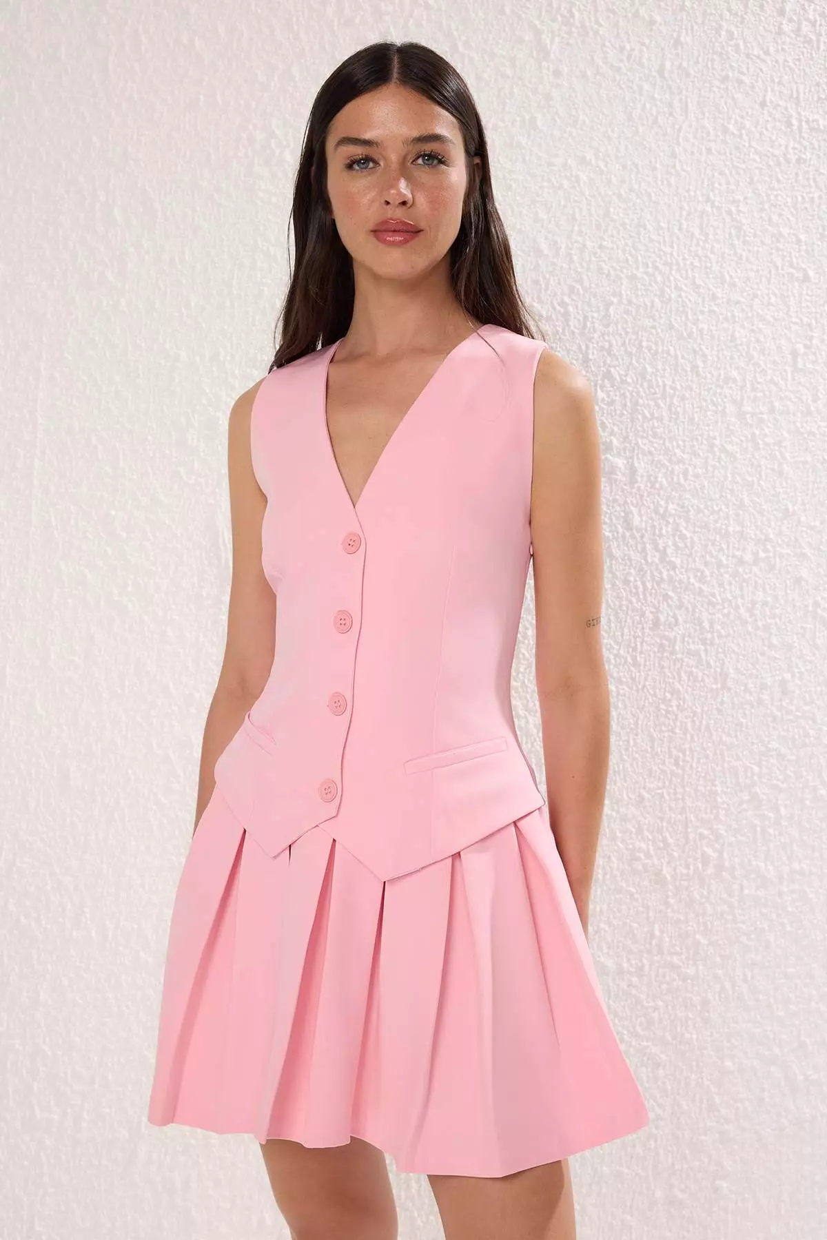 Pink Plain Pleated Short / Mini Dress