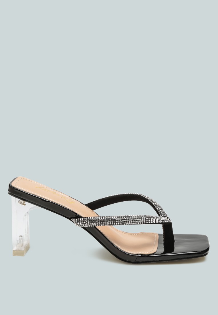 Black Crystal Lined Thong Block Heeled Sandal
