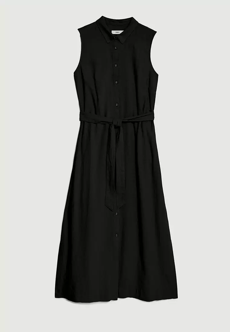 Linen Rich Button Through Midi Shirt Dress