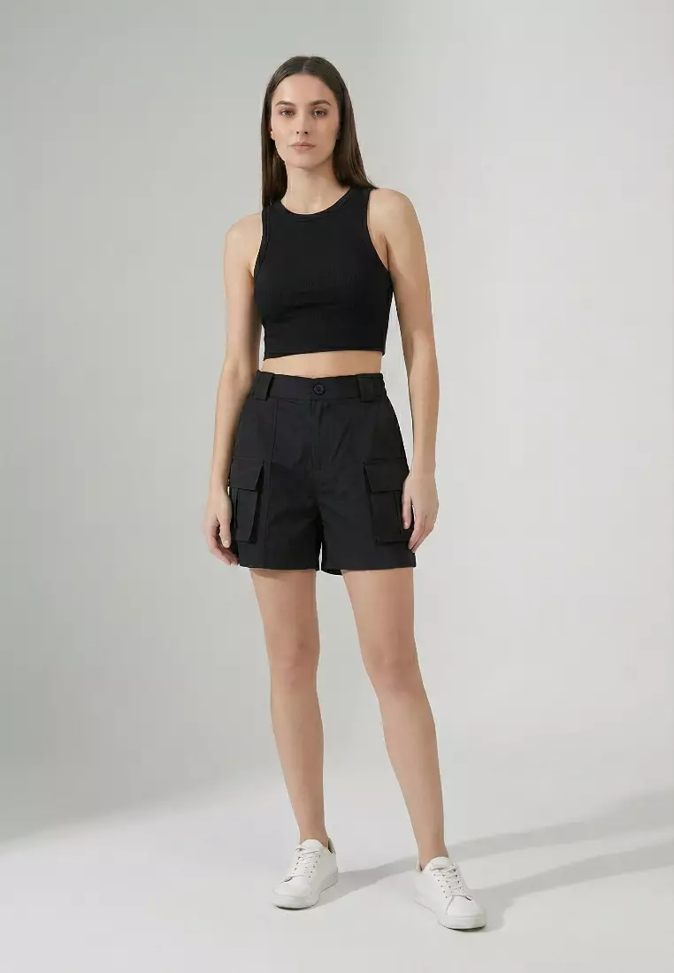Celana Pendek Kargo Solid Lingkaran Sabuk Hitam