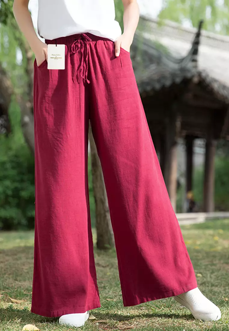 Drawstring Waist Linen Wide-leg Pants BXF2363