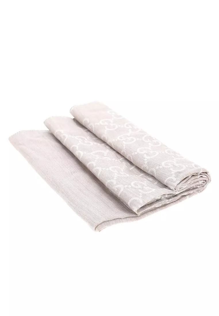GG Logo Wool Silk Scarf in Beige 165904 3G646