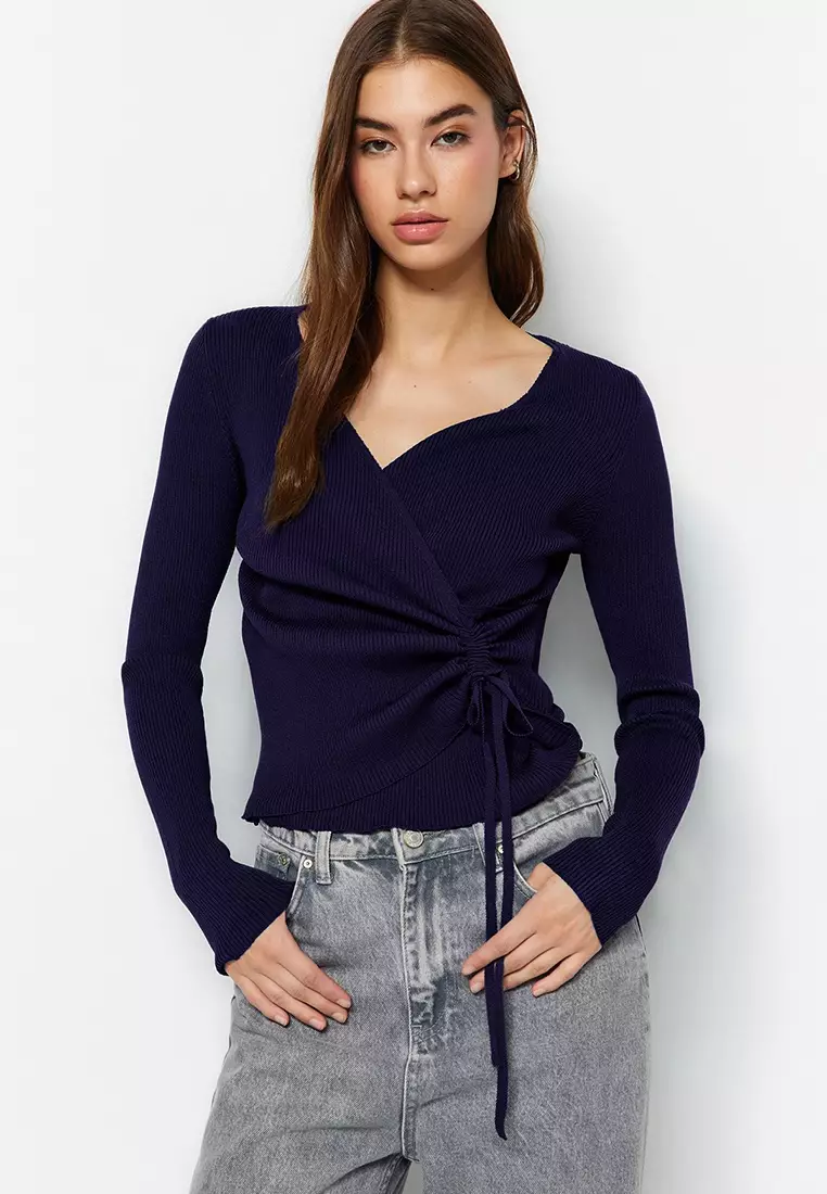 海軍藍 雙排扣 皺褶細節 針織 套頭毛衣 Twoaw23Kz00828