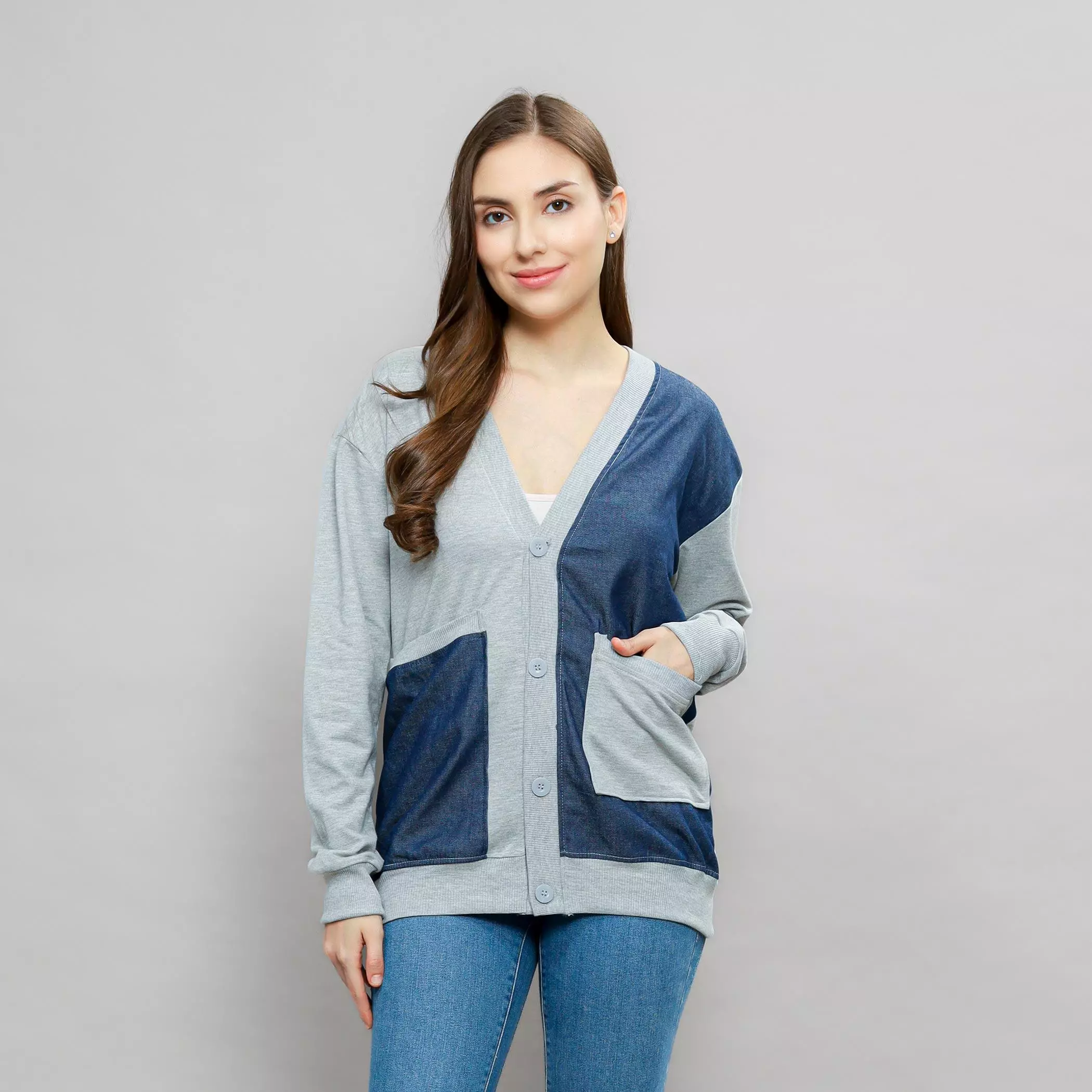 Enough For Today - Sweater Cardigan Motif Jeans Blue Denim Abu Misty Bahan Katun Babyterry Outer Denim Wanita Jaket Blazer