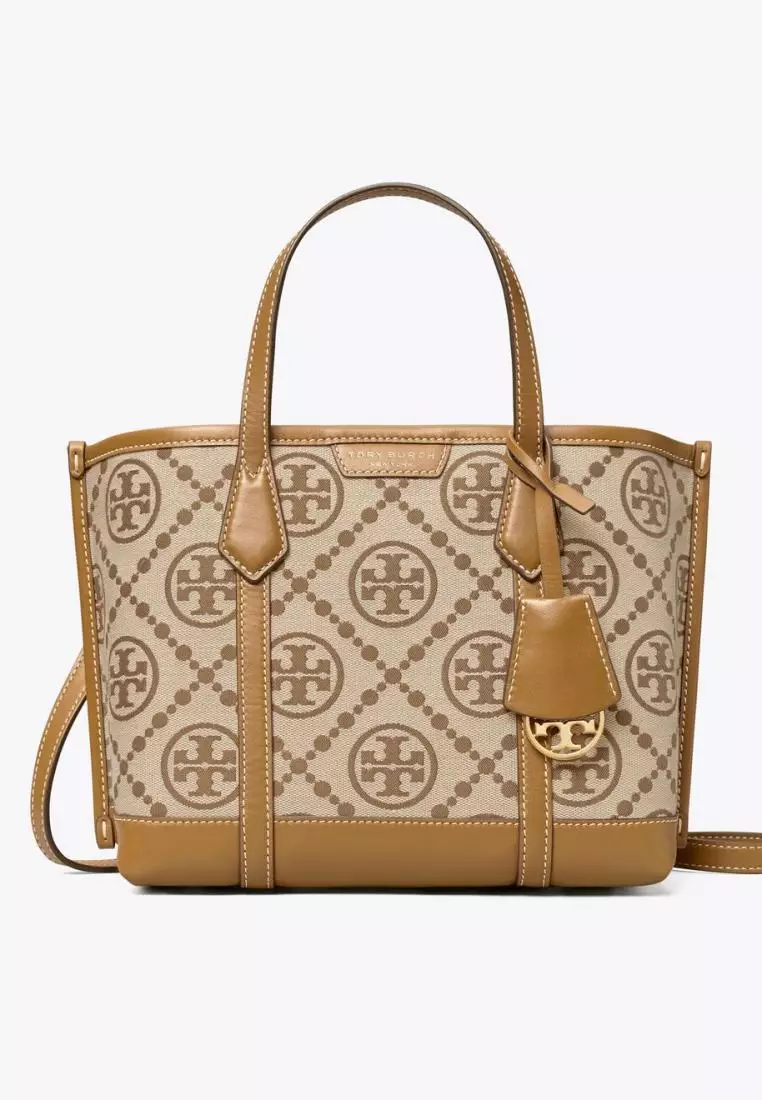 Tory Burch Perry T Monogram Small Triple-Compartment Tote Hazel
