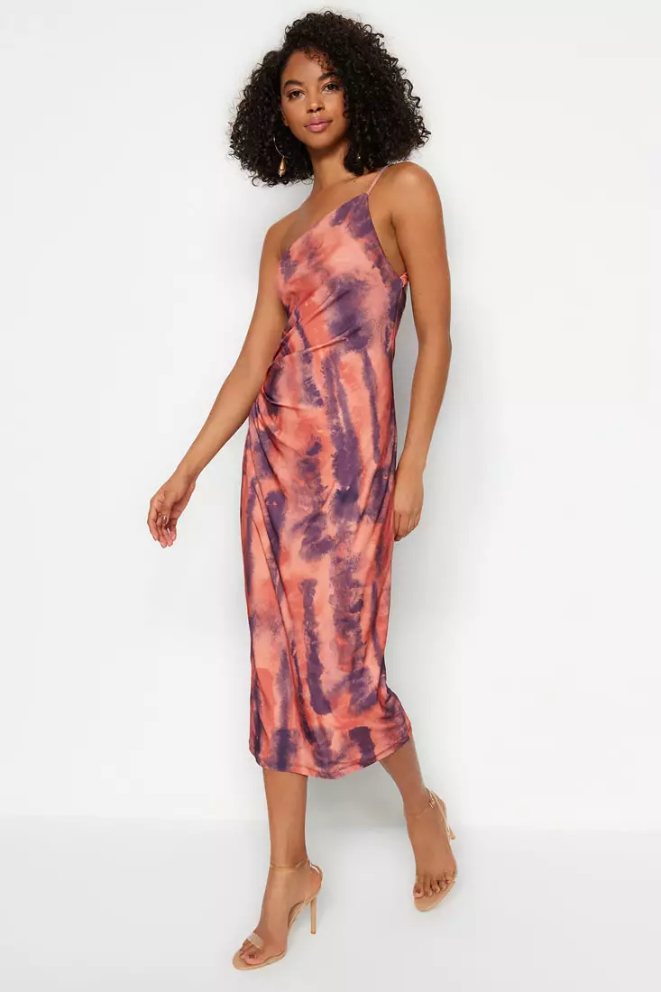 Printed, Fitted Midi One-Shoulder, Flexible Knit Dress