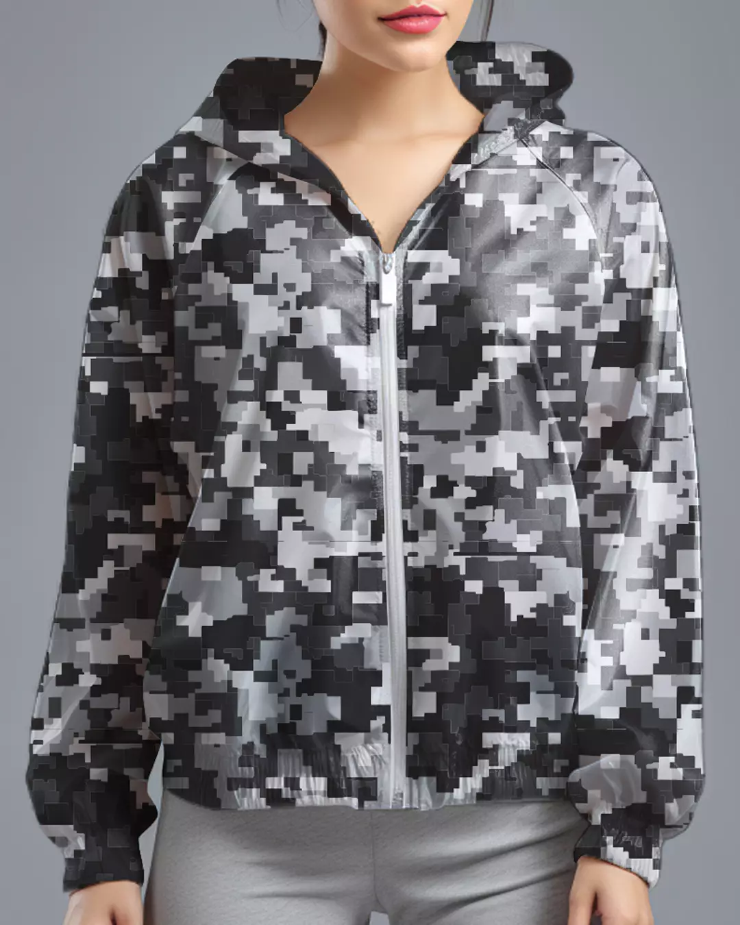 LSD72 Jaket Lari Olahraga Wanita Parasut motif "pixel camo" hitam abu