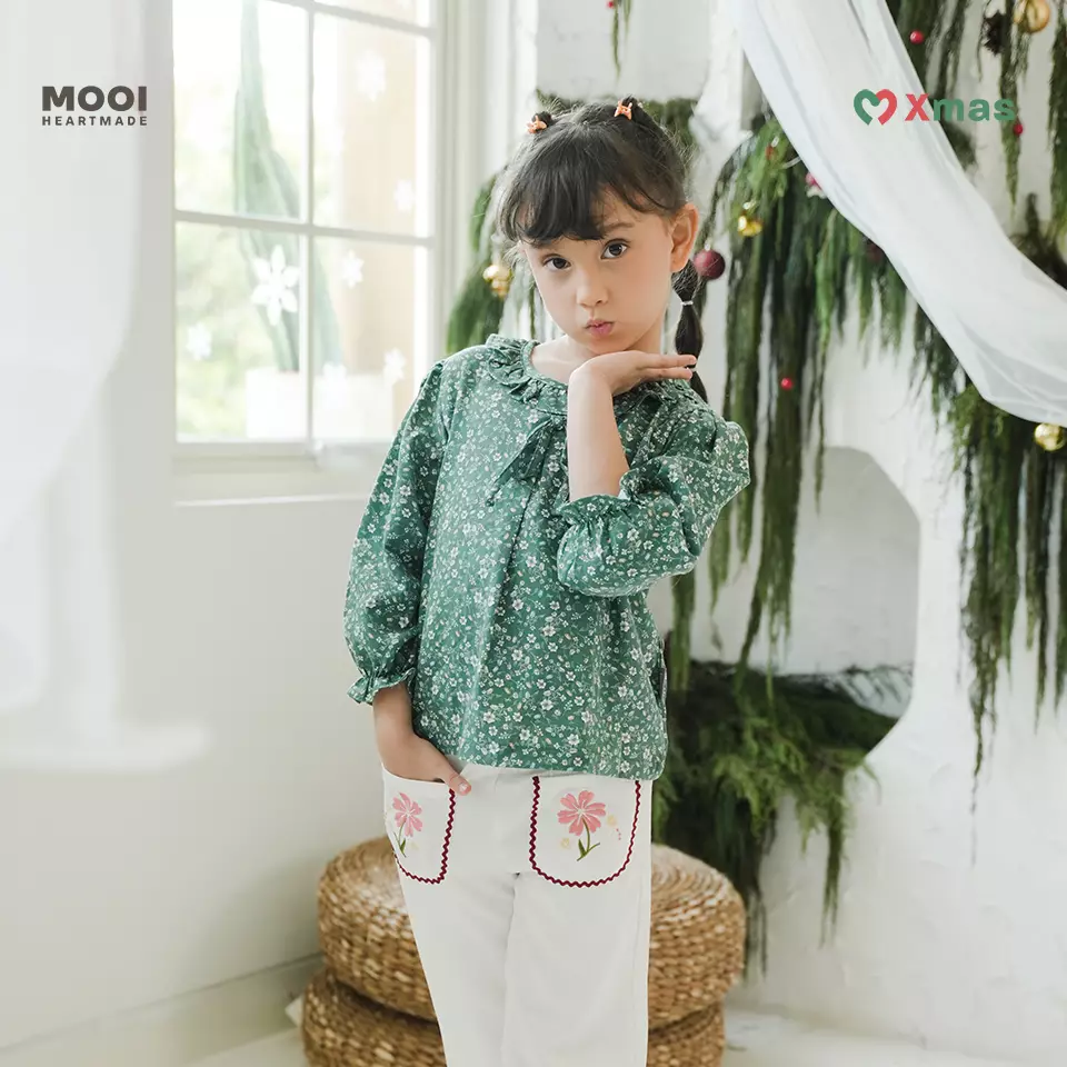 Mooi Atasan Anak Perempuan Millie Ruffle Top - Green Emerald