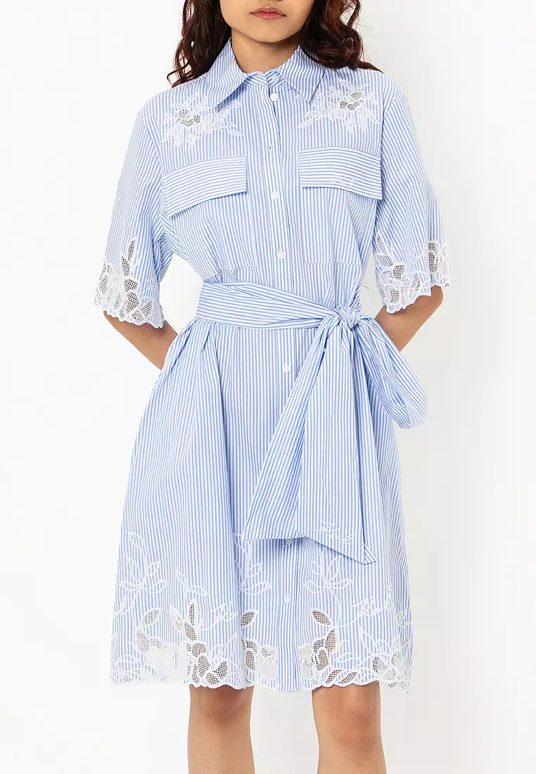 karl lagerfeld blue and white dress Women's Cotton-Poplin Floral Drop Waist Midi Dress | Soft White/Sky Blue main image 0