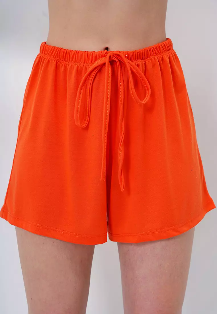 Women's Orange Front Text Printed Cotton Basic T-Shirt And Shorts Combed Cotton Bottom Top Set Pjm-X13902