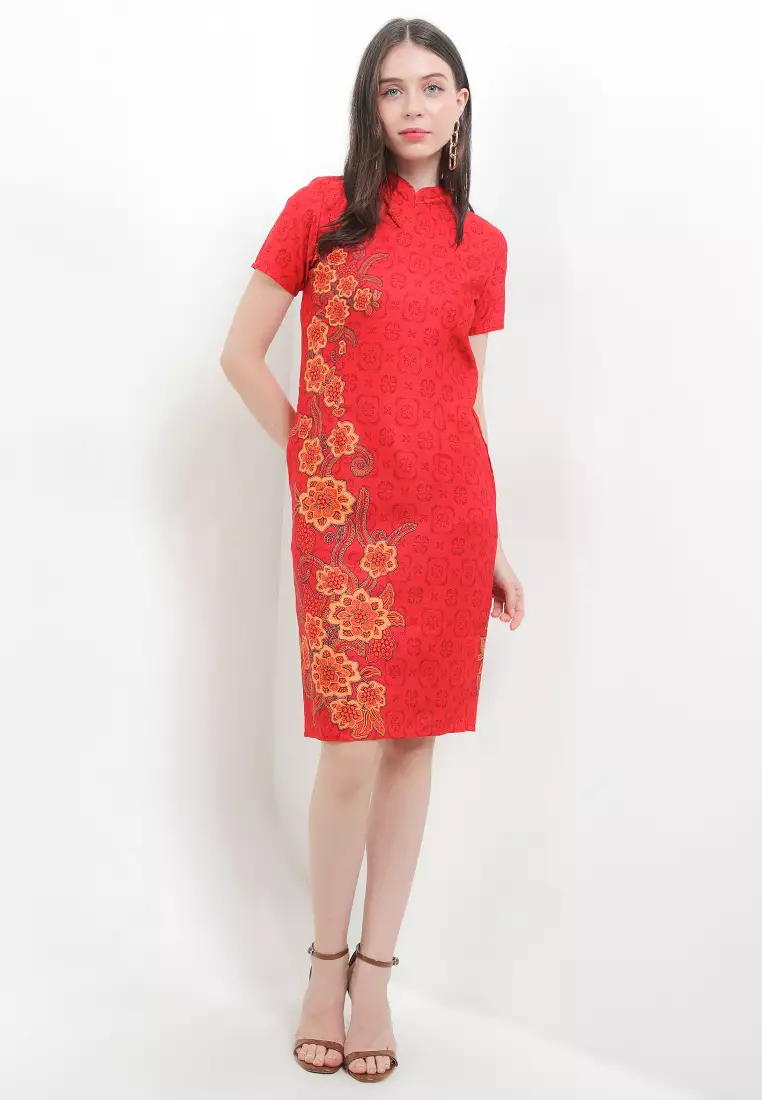 Mini Dress Bodycon Atasan Batik Wanita Furing Jiazhen Red
