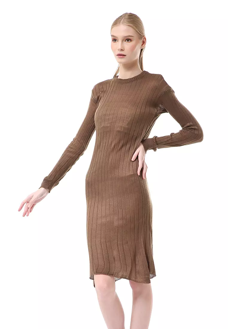 Adela Dress Rajut Tunik Wanita Motif Polos Long Sleeve Relaxed Fit - Bronze