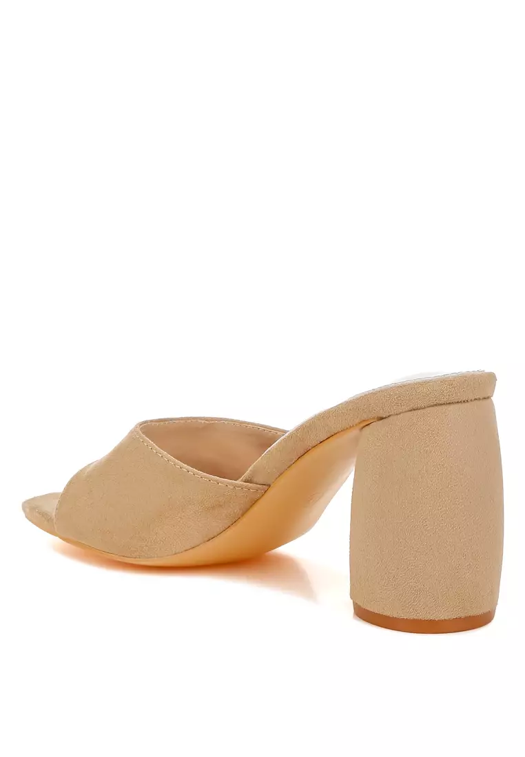 Round Heel Micro Suede Sandals in Beige