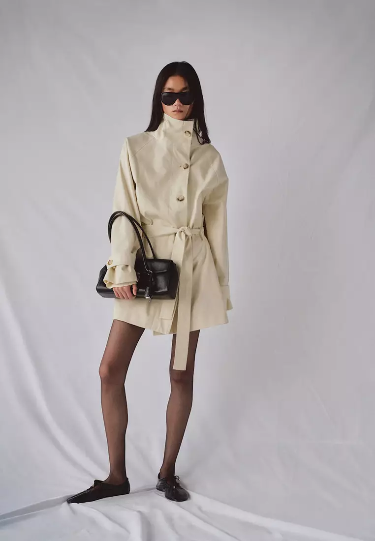 Funnel Neck Belted Trench Coat