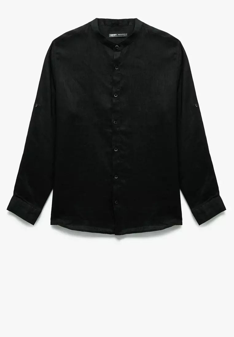 Long Sleeve Regular Fit Judge Collar Linen Shirt
