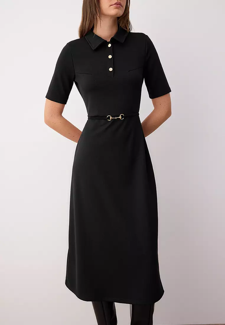 Black Belted Three Quarter Sleeve A-Line/Flared Plain Midi Knit Dress