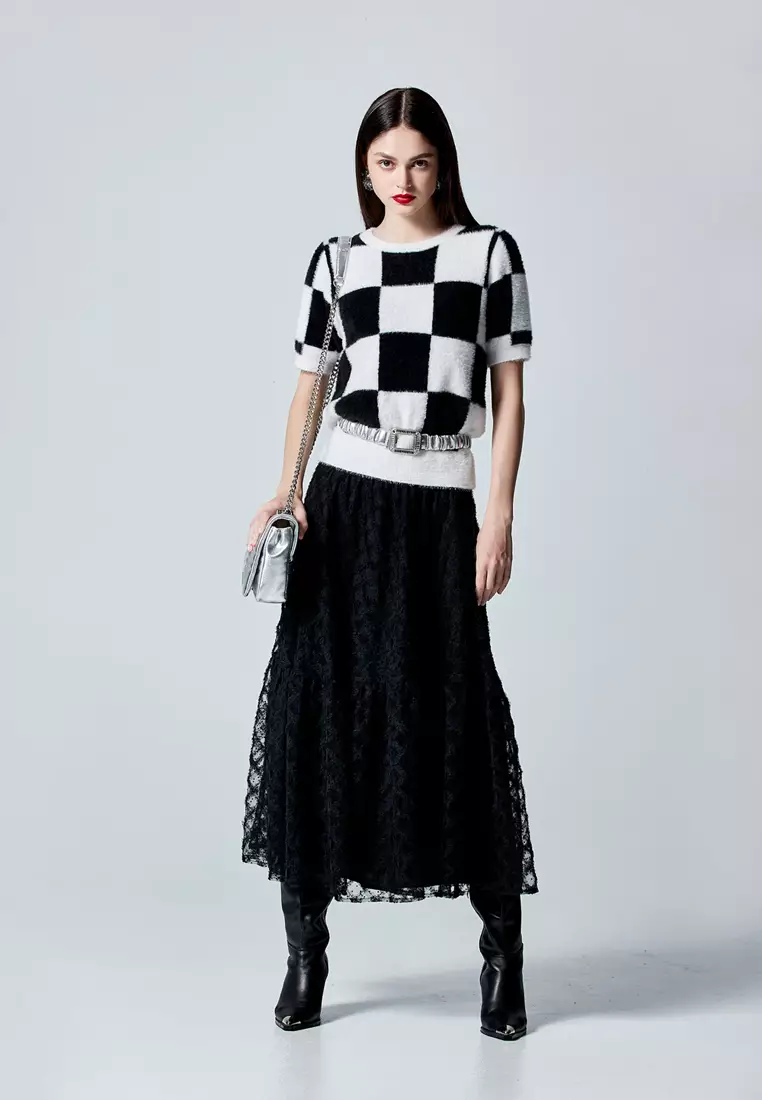 Black White Checkered Fuzzy Top