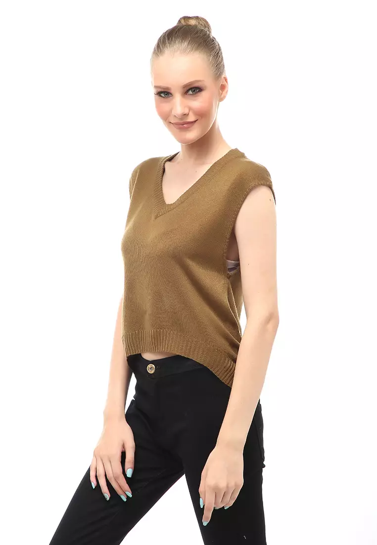 Vest Knit Atasan Wanita Sleeves Kerah V-neck Design Simple - Brown