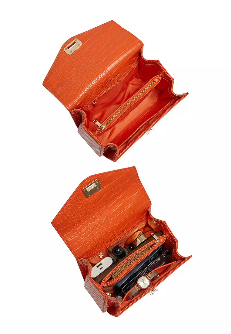 Duchess女式橙色顶柄手提包-纯素皮革斜挎包和方形包