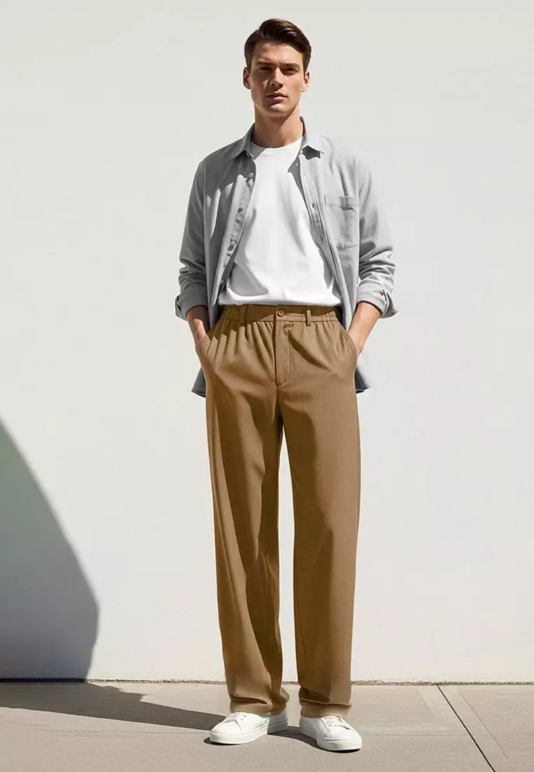 Beige Wide Leg Loose Fabric Baggy Trousers Tmnss23Pl00039