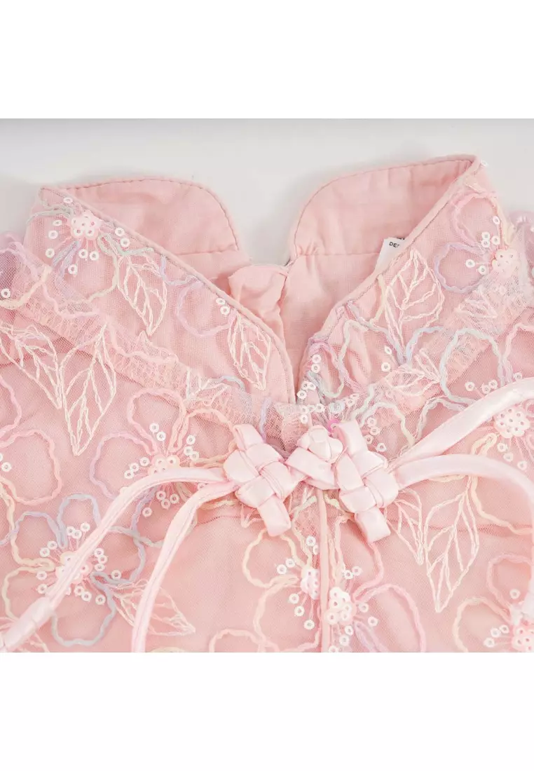 粉紅色獨角獸蕾絲薄紗嬰兒女童旗袍連衣裙0851