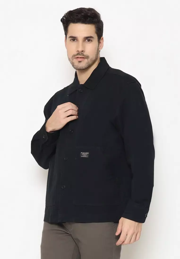 POLICE Kemeja Polos Semi Jaket Blue Black Regular Fit Lengan Panjang Pria