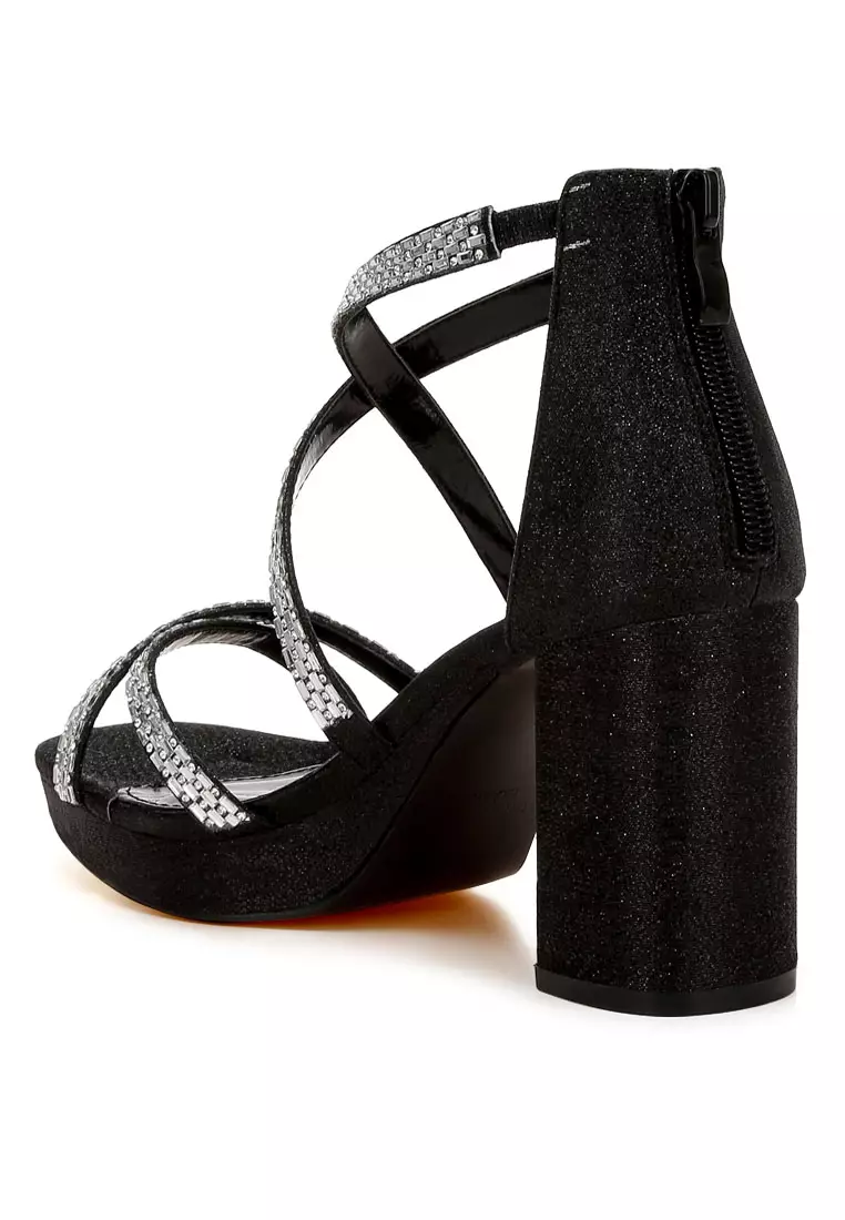 Sandal Bertali Hiasan Berlian Imitasi dalam Warna Hitam