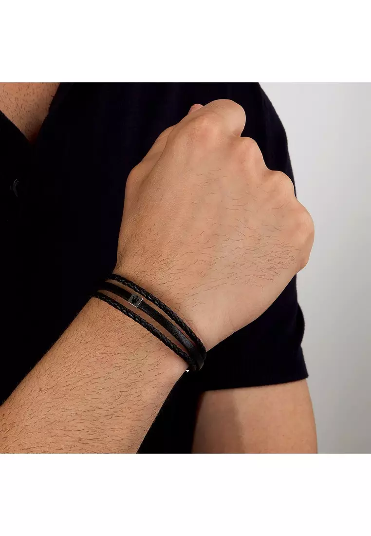 Maserati Leather Bracelet ,Men's Jewels ,Stainless Steel,19+3.5cm, Rose gold plated, Black, JM525AVE32（Adjustable）