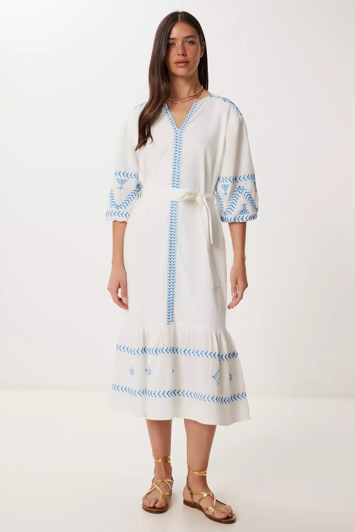 Women's White Embroidery Embroidered Flounced Summer Linen Dress Rv00212