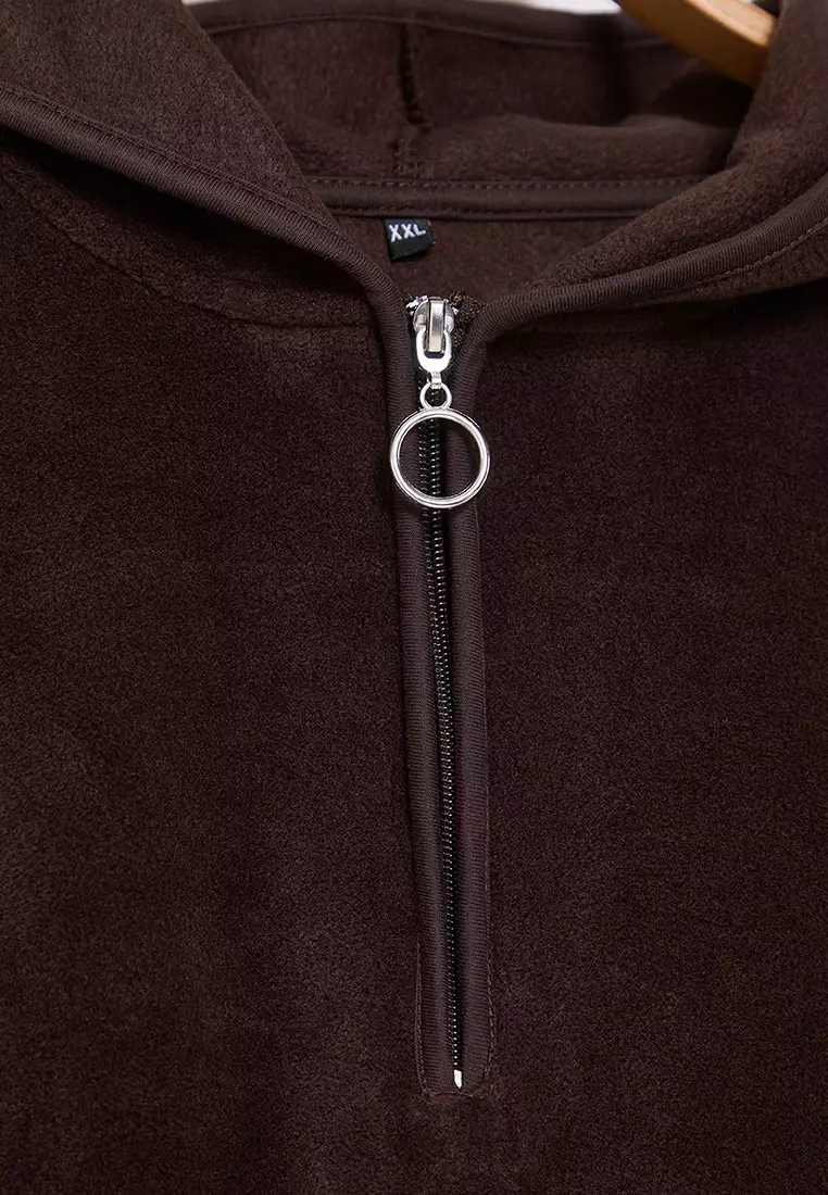 Brown Thick Fleece Hooded And Zippered Oversize Knitted Plus Size Sweatshirt Tbbaw25Ao00030