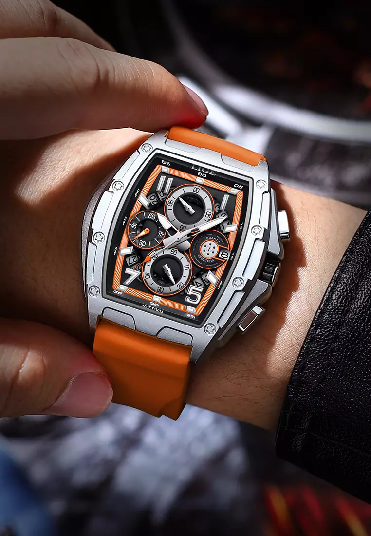 男女通用酒桶形不鏽鋼石英手錶配橡膠錶帶