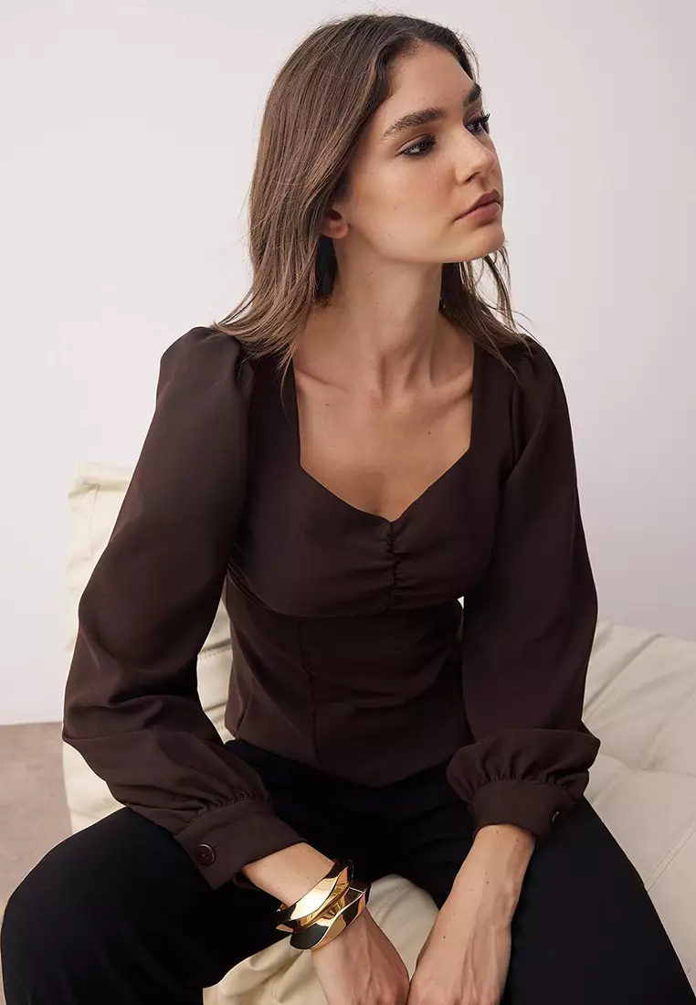Brown Gathered Detailed Woven Blouse Twoaw23Bz00633