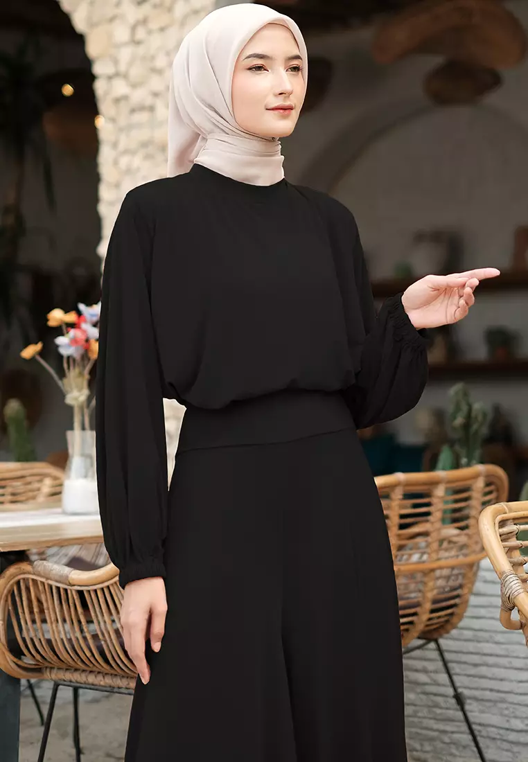 JV Hasanah Oneset Culottes Jersey Baju Kurung Black - Setelan Kulot Jersey Baju Kurung Jumbo