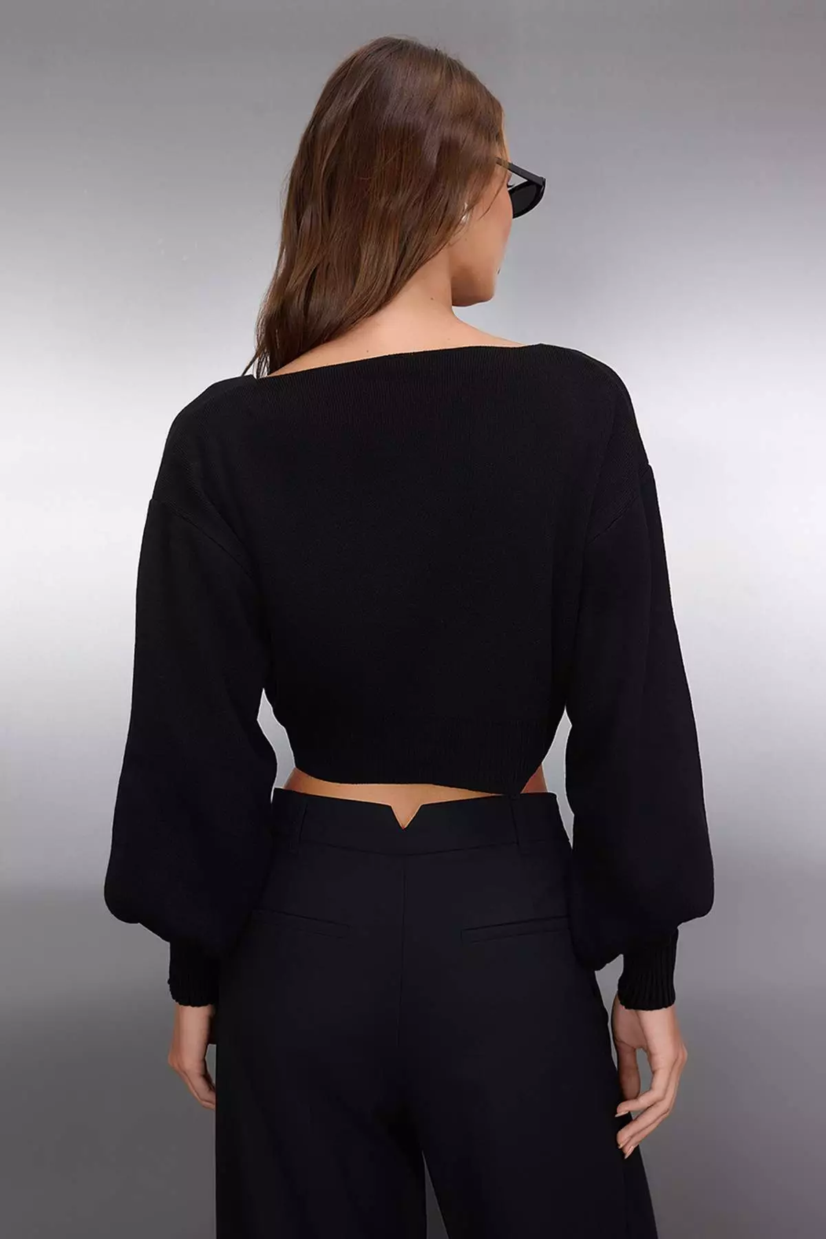 Black Super Crop Basic Bow Knitwear Cardigan Twoaw24Hi00315