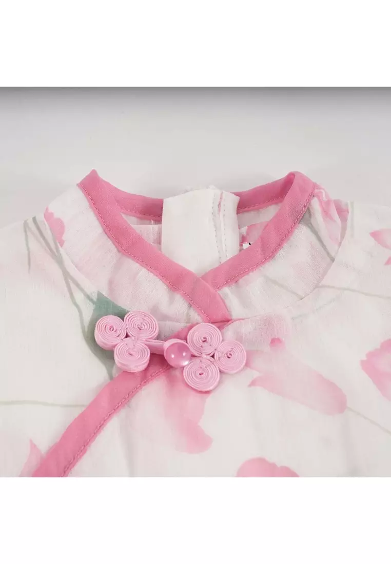 蓮花圖案嬰兒女童旗袍上衣及褲子套装0847