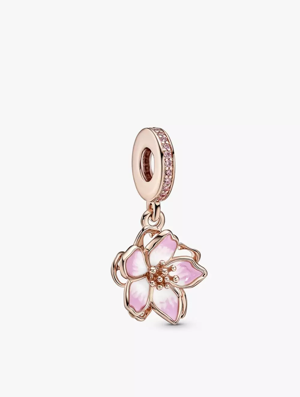 Spinable cherry blossom 14k rose gold-plated dangle with fancy fairy tale pink cubic zirconia and shaded pink enamel